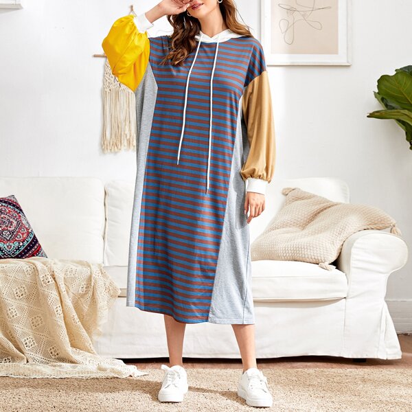 

Drop Shoulder Colorblock Striped Hooded Dress, Multicolor