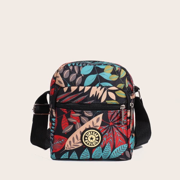 

Leaf Pattern Zip Front Crossbody Bag, Multicolor