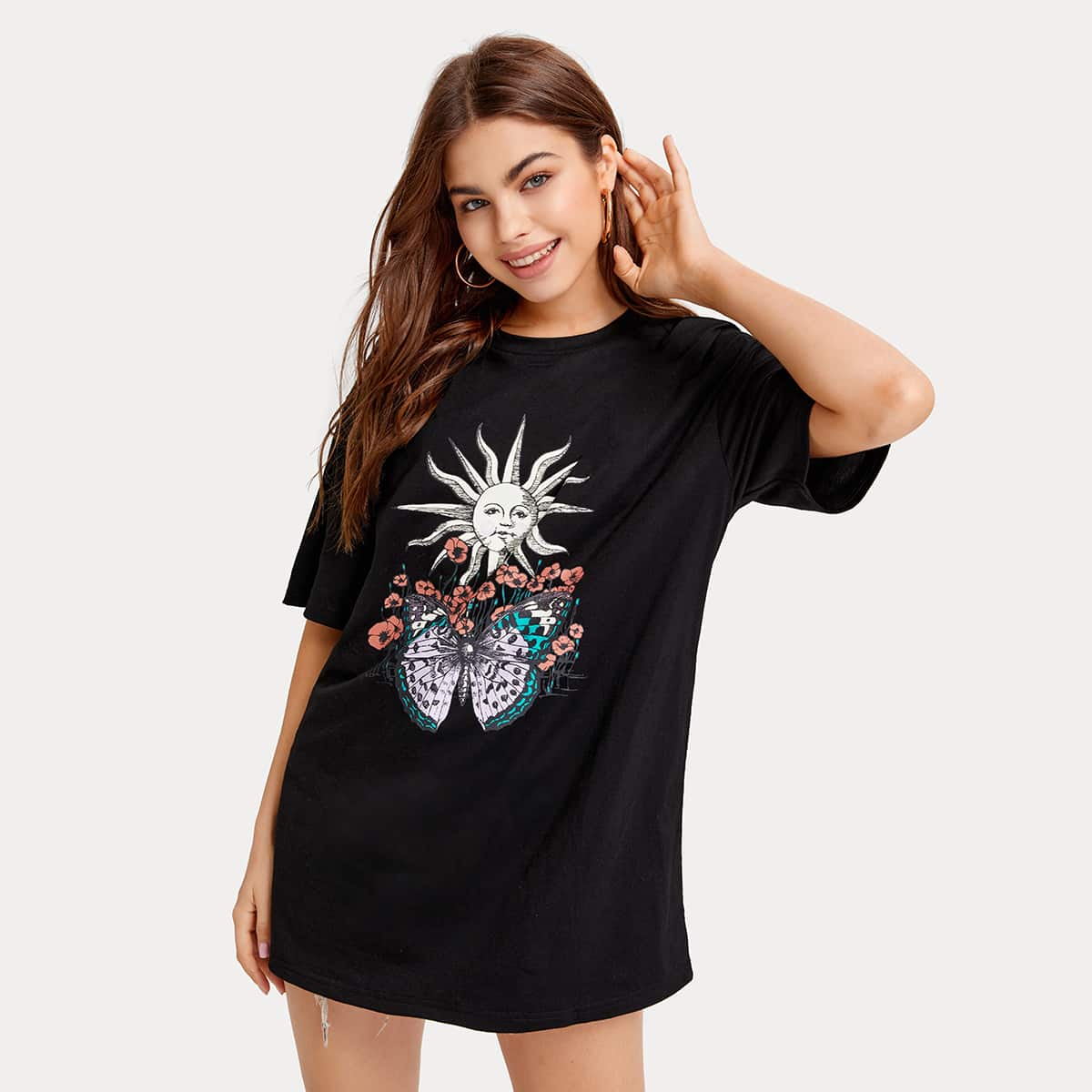 

Sun & Butterfly Graphic Tee, Black