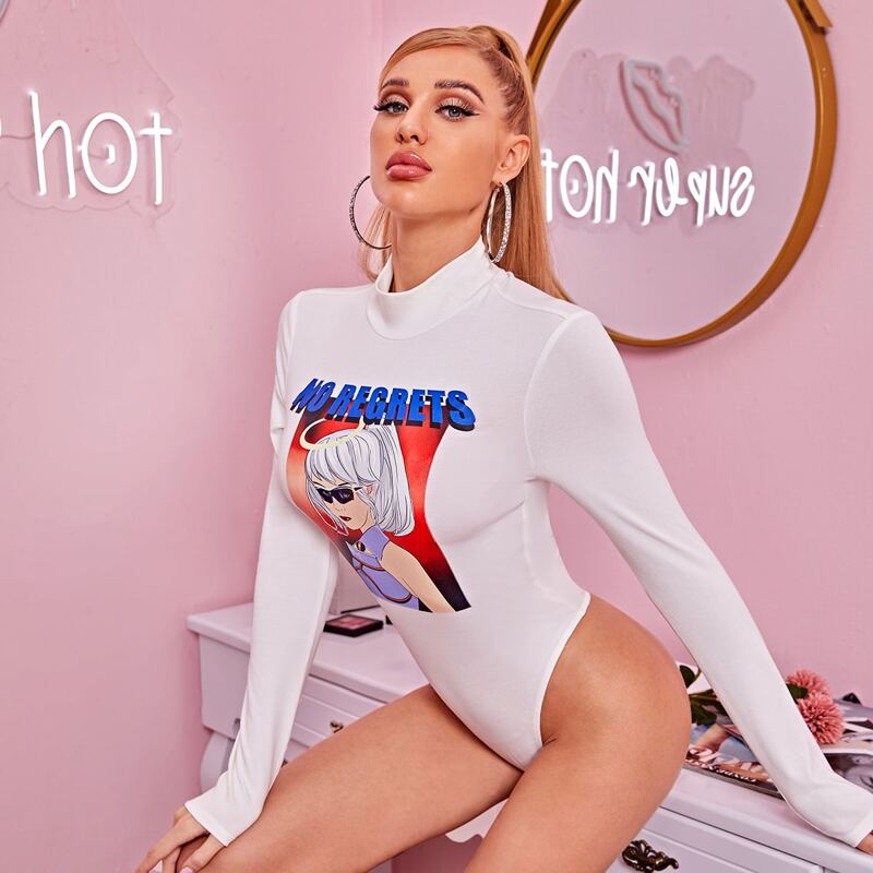 

Figure & Letter Graphic Mock Neck Form Fitted Bodysuit, White