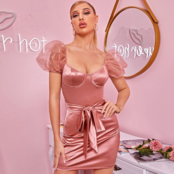 

Sheer Organza Puff Sleeve Belted Satin Bustier Dress, Dusty pink