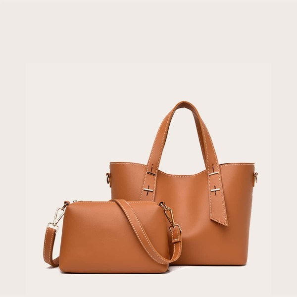 

2pcs Minimalist Tote Bag With Crossbody Bag, Brown