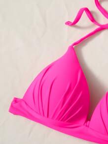 Halter Micro Triangle Bikini Top, For Summer Beach Vacation - Hot Pink - View 3