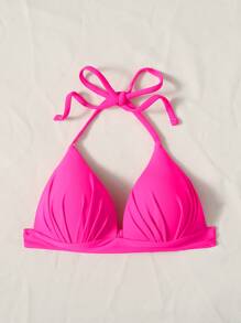 Halter Micro Triangle Bikini Top, For Summer Beach Vacation - Hot Pink - View 5