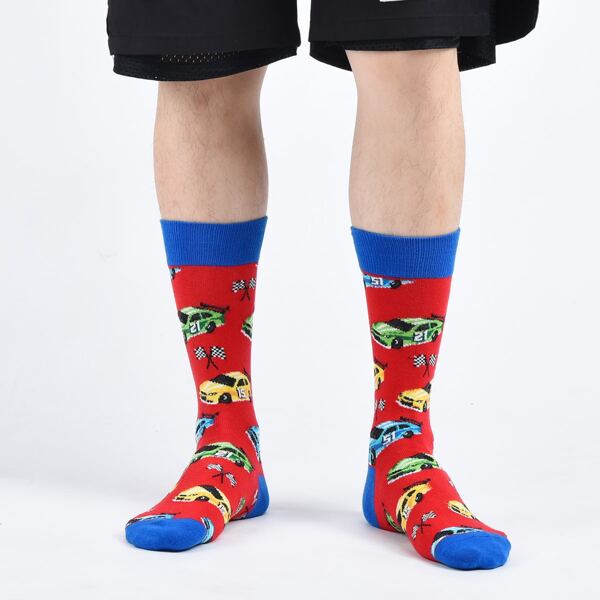 

Men Cartoon Car Print Crew Socks, Multicolor