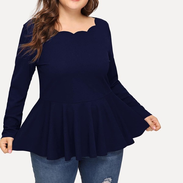 

Plus Scallop Trim Zipper Back Peplum Top, Navy blue