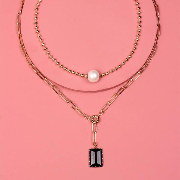 

2pcs Gemstone Charm Necklace, Gold