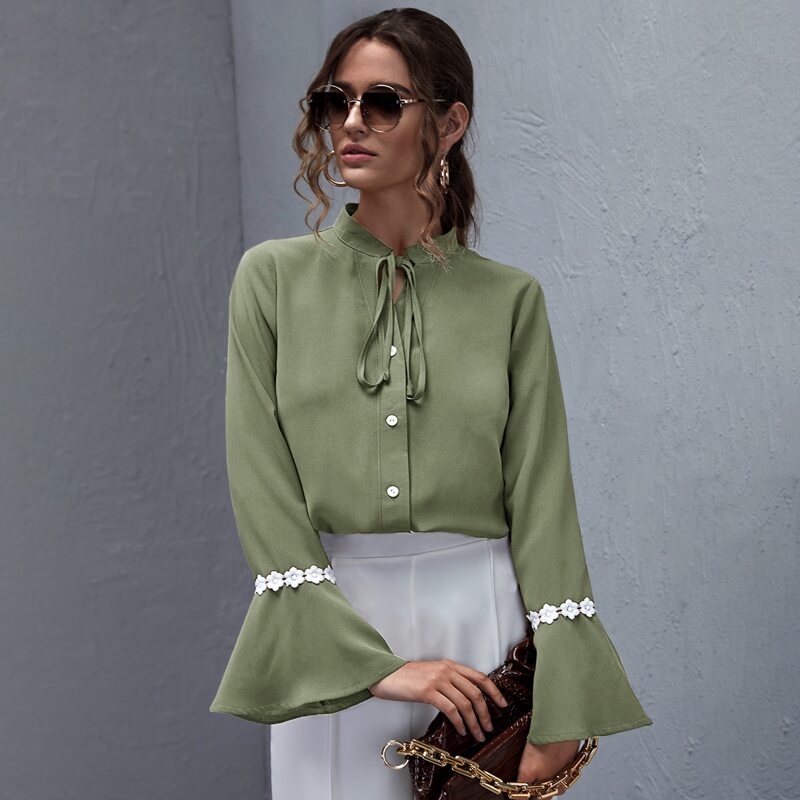 

Tie Neck Appliques Flounce Sleeve Blouse, Army green