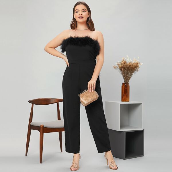

Plus Faux Fur Detail Tube Jumpsuit, Black