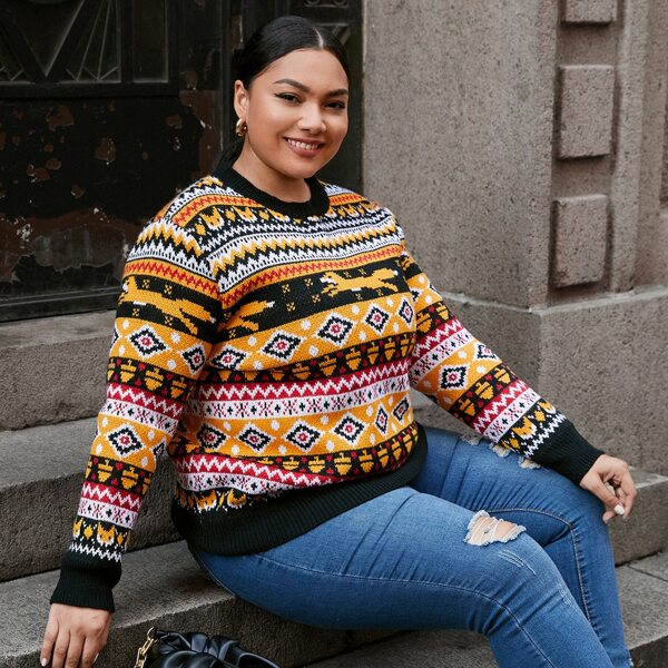 

Plus Geo & Animal Pattern Sweater, Multicolor