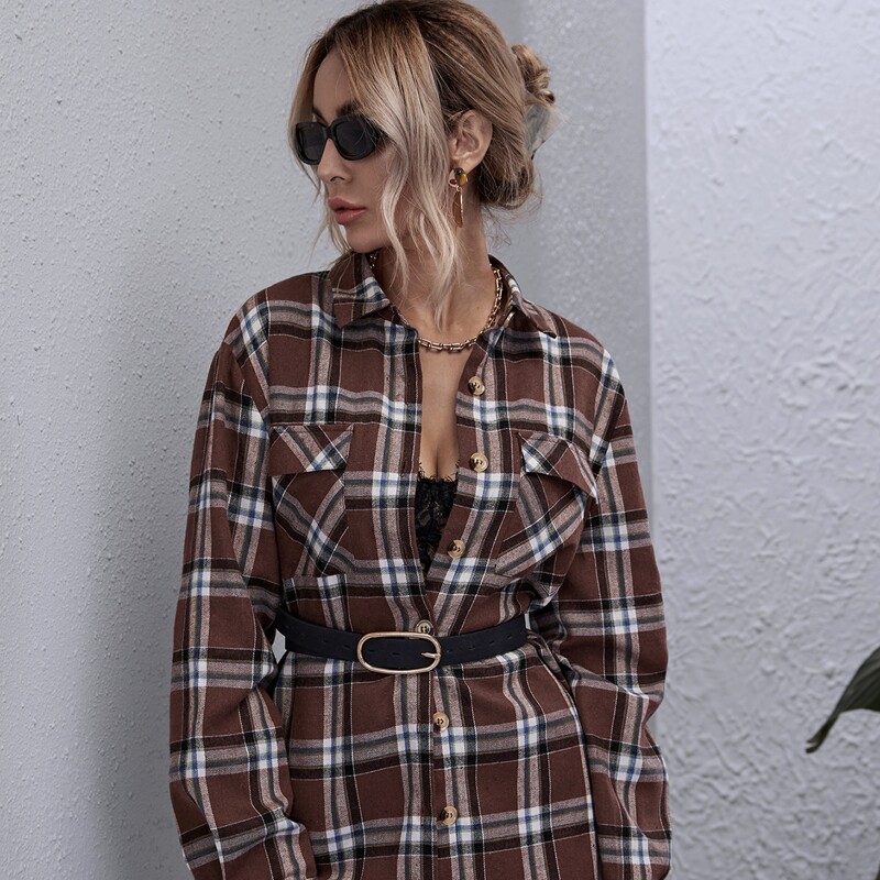 

Plaid Flap Pocket Blouse Without Belt, Multicolor