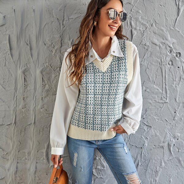 

Plaid V-neck Sweater Vest, Multicolor