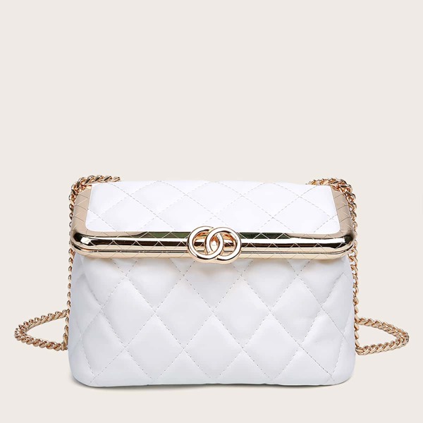 

Metal Decor Quilted Chain Box Bag, White