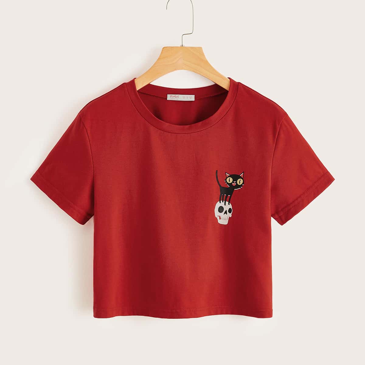 

Cat & Skull Graphic Crop Tee, Red