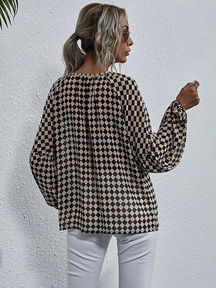 Notched Checker Bishop Sleeve Chiffon Blouse,Long Sleeve Tops Fall Cloth For Women