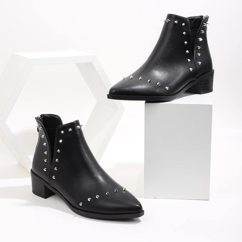 

Spiked Decor V-cut Ankle Boots, Black