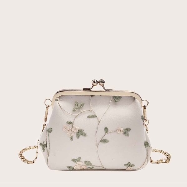 

Floral Embroidered Kiss Lock Chain Bag, White