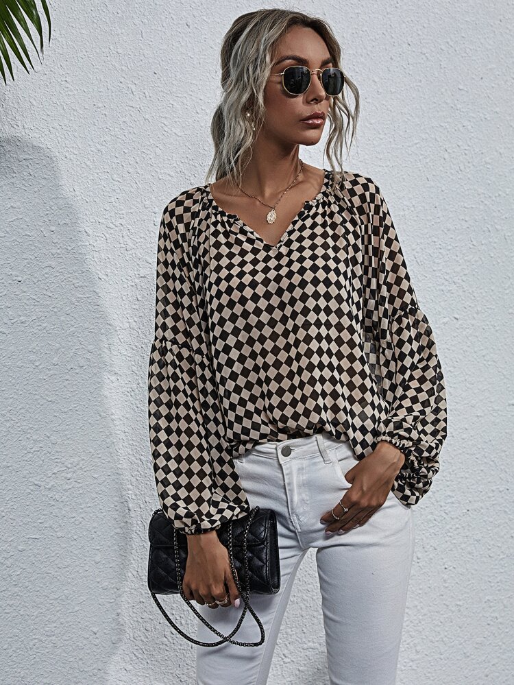 Notched Checker Bishop Sleeve Chiffon Blouse,Long Sleeve Tops Fall Cloth For Women