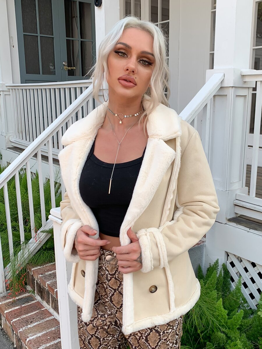 Eilly Bazar Double Button Plush Lined Coat - Beige - View 1