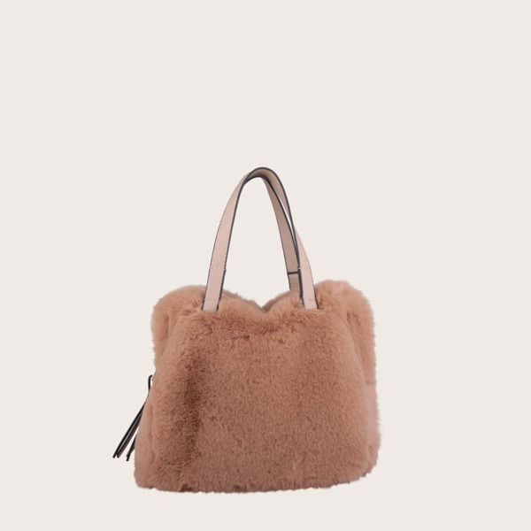 

Double Handle Fluffy Tote Bag, Brown