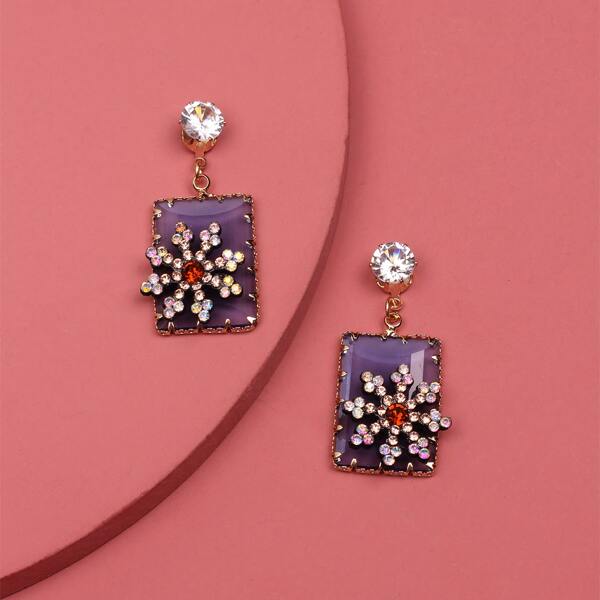 

Rhinestone Flower Decor Rectangle Drop Earrings, Multicolor