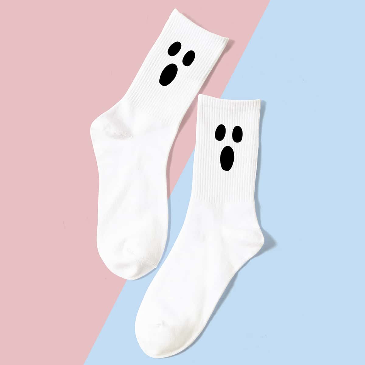 

Cartoon Surprised Expression Pattern Crew Socks, White