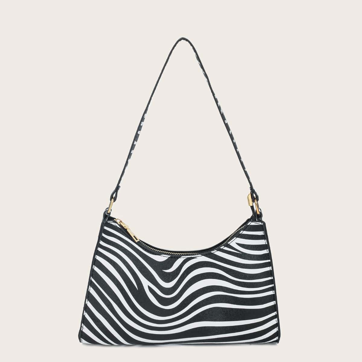 

Zebra Striped Shoulder Bag, Black and white