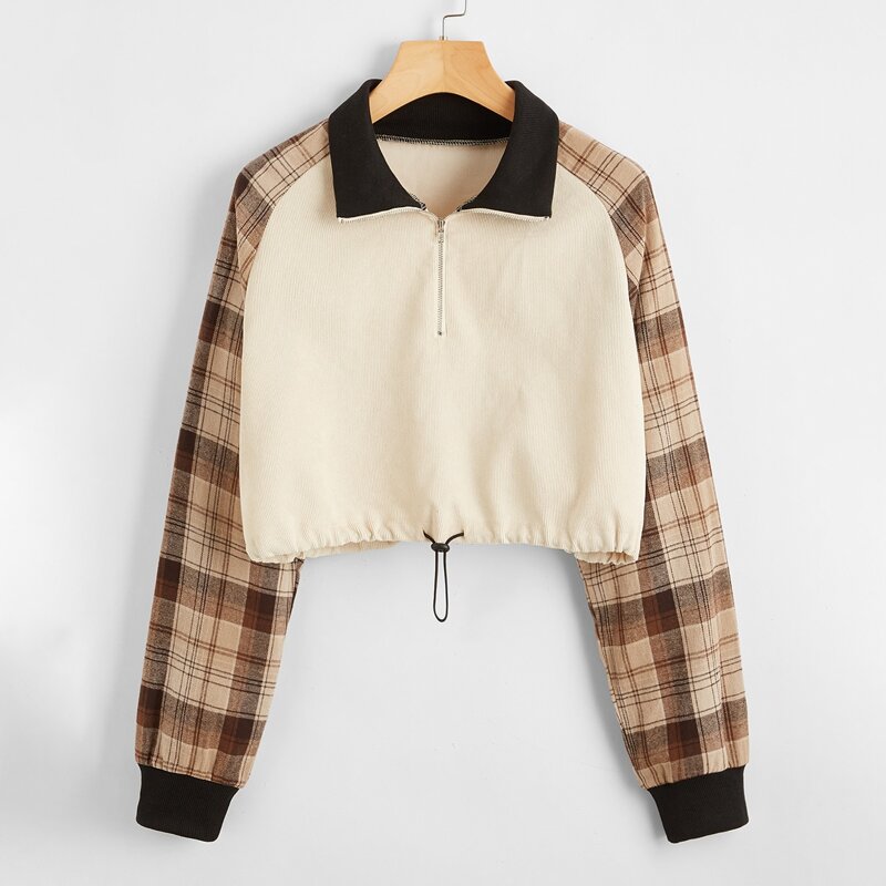 

Plaid Drawstring Hem Half Zip Corduroy Sweatshirt, Multicolor