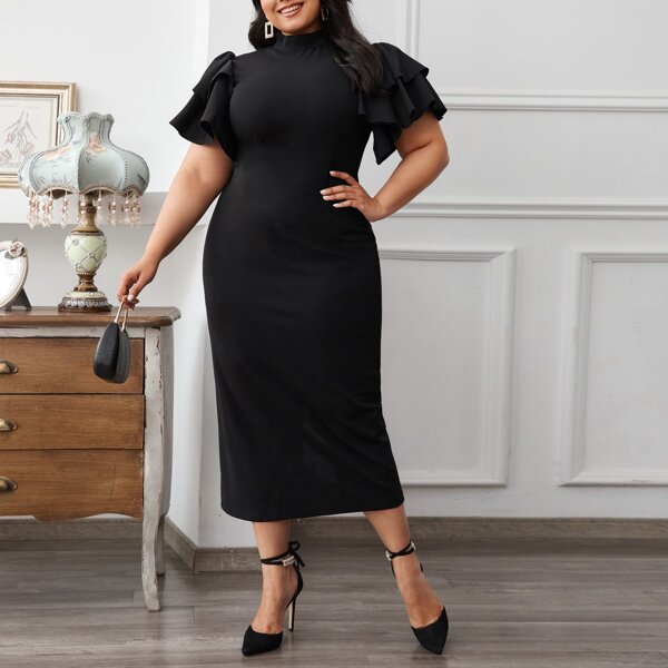 

Plus Mock Neck Butterfly Sleeve Split Hem Dress, Black