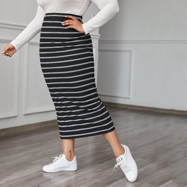 

Plus Elastic Waist Split Hem Striped Skirt, Black