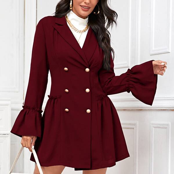 

Double Button Frill Ruffle Hem Blazer Dress, Maroon