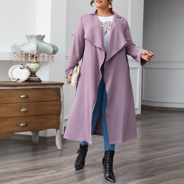 

Plus Waterfall Collar Buckle Belted Coat, Mauve purple
