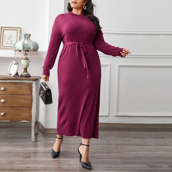 

Plus Mock Neck Belted Sweater Dress, Red violet