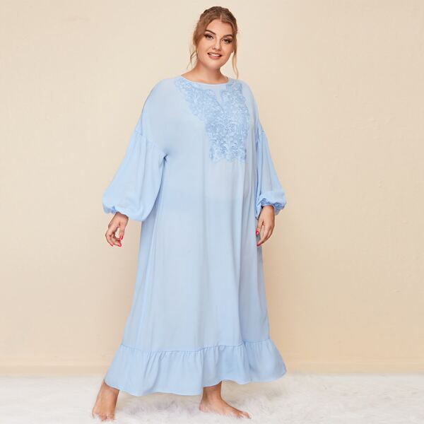 

Plus Lantern Sleeve Guipure Lace Detail Flounce Hem Nightdress, Bright baby blue