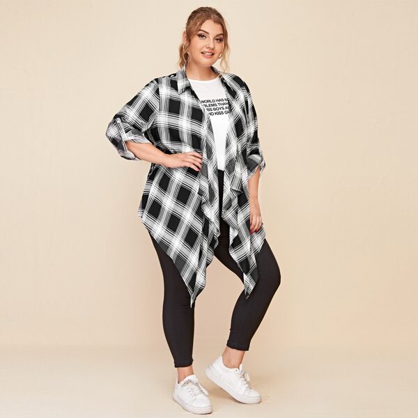 

Plus Roll Tab Sleeve Hanky Hem Plaid & Dalmatian Print Coat, Black and white