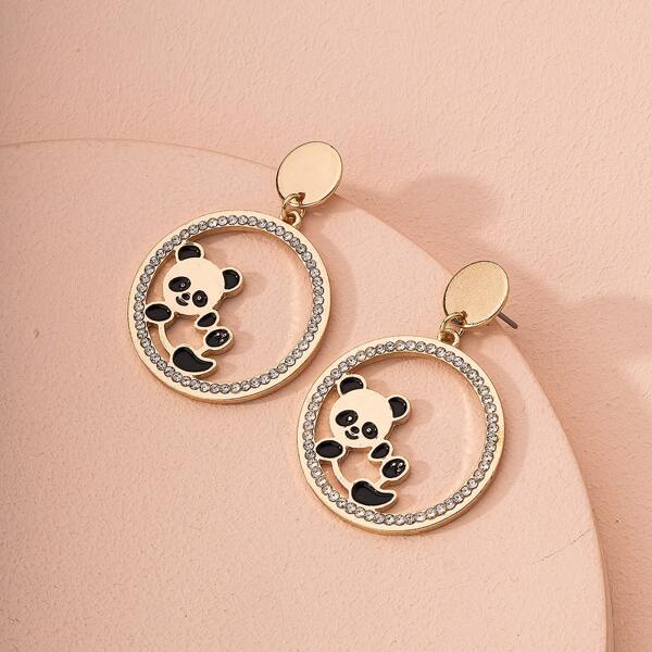 

Panda Decor Rhinestone Round Earrings, Gold