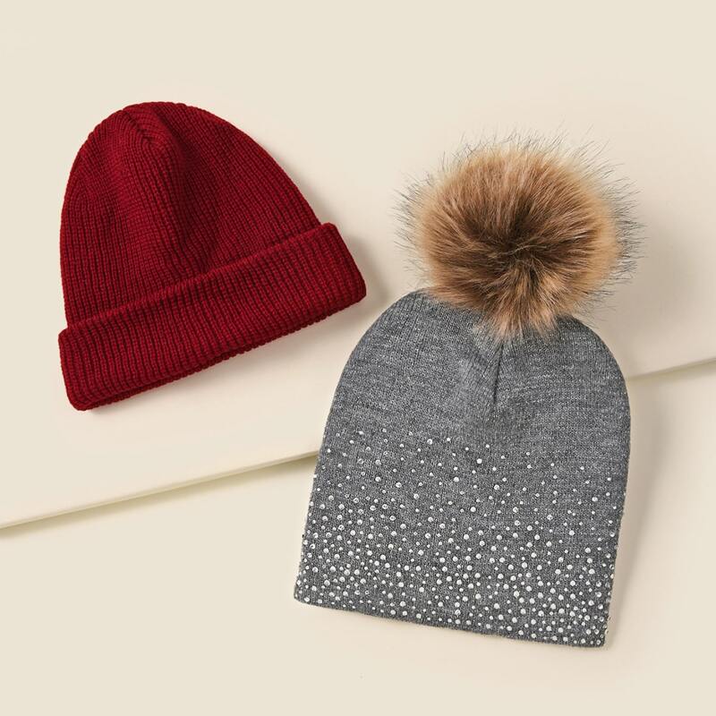 

2pcs Pom Pom Decor Beanie, Multicolor