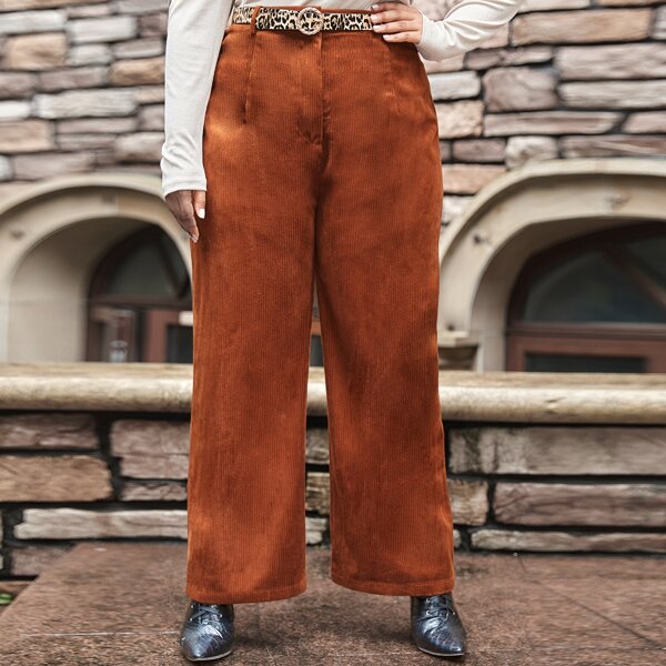 

Plus Zipper Fly Solid Palazzo Cord Pants Without Belt, Rust brown