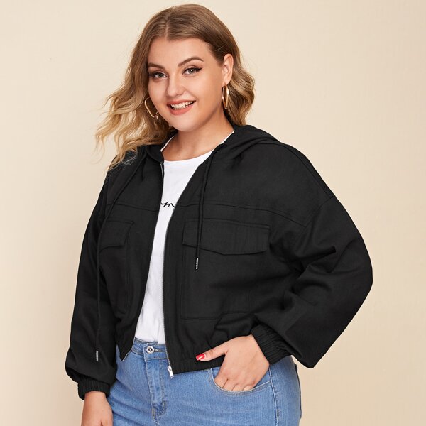 

Plus Flap Pocket Zipper Up Drawstring Hooded Jacket, Black