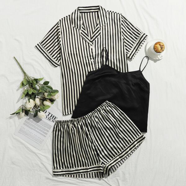 

Plus 3pcs Striped Satin PJ Set & Solid Cami Top, Multicolor