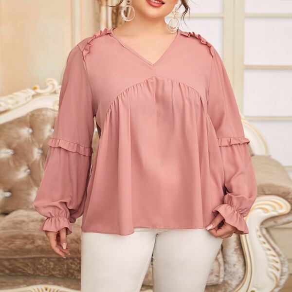 

Plus V-neck Flounce Sleeve Babydoll Blouse, Dusty pink
