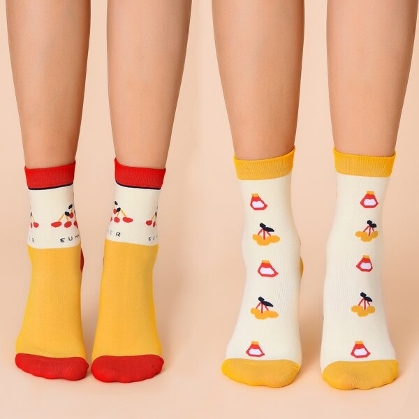 

2pairs Fruit Pattern Socks, Yellow