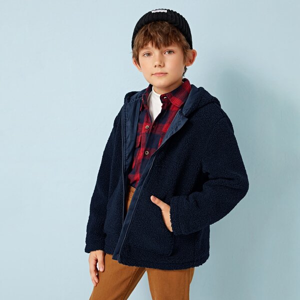 

Boys Patch Pocket Zipper Up Hooded Teddy Jacket, Navy blue