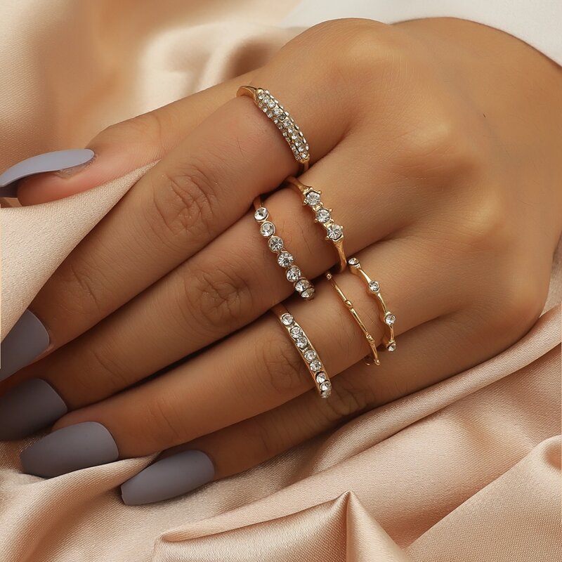

6pcs Rhinestone Decor Ring, Gold