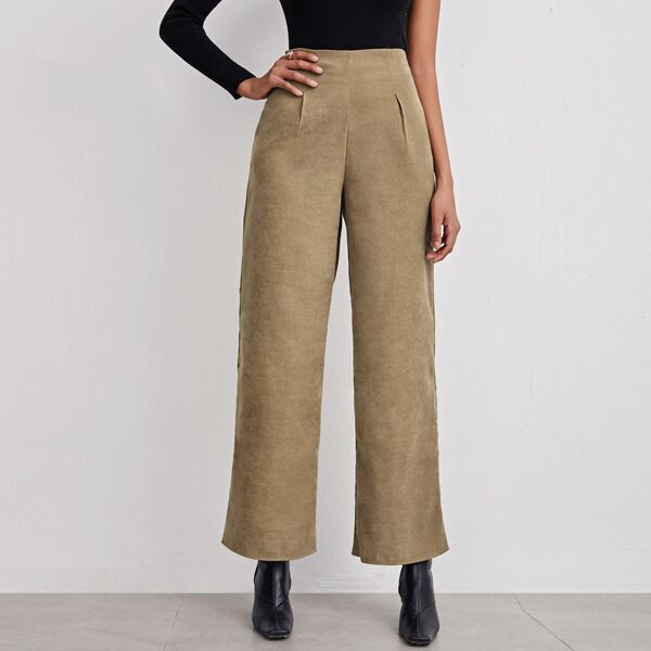 

Solid Corduroy Wide Leg Pants, Khaki