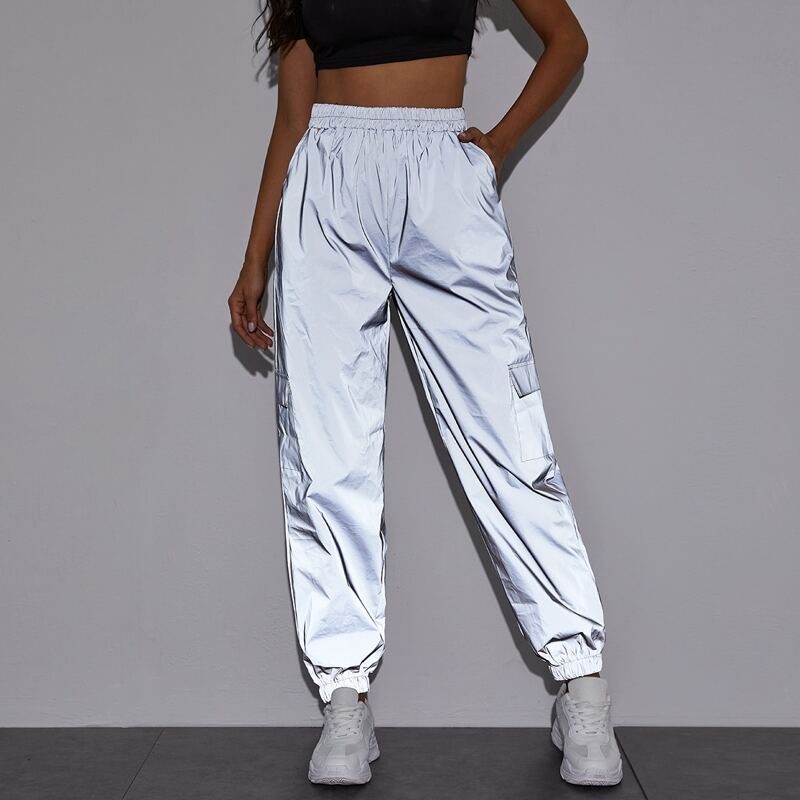 

Reflective Elastic Waist Cargo Pants, Silver