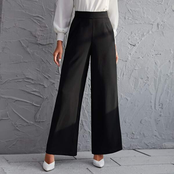 

Solid Wide Leg Pants, Black