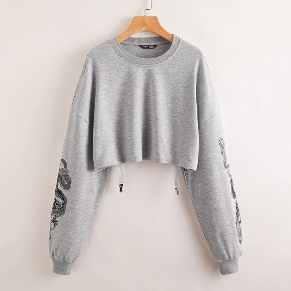 

Chinese Dragon Print Crop Sweatshirt, Light grey
