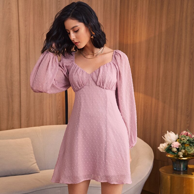 

Lantern Sleeve Bustier Swiss Dot Chiffon Dress, Dusty pink