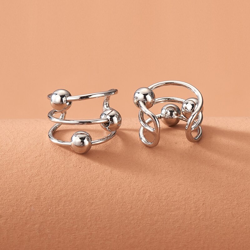 

2pcs Round Bead Decor Ear Cuff, Silver
